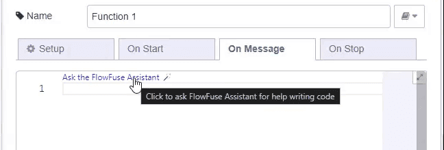 Screenshot showing the "Ask the FlowFuse Expert" button available in the function node