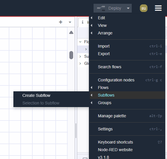 Image showing 'create subflow' option in the main menu Image showing 'create subflow' option in the main menu